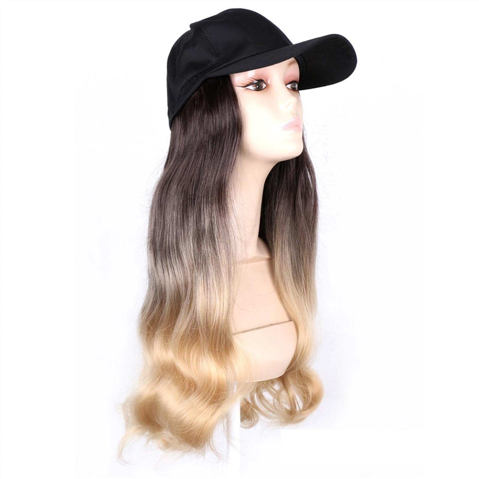 JUNXIAN Wig Cap Fashion Black Baseball Cap with Wig Long Wavy Synthetic Hat Wigs Naturally Connect Adjustable Straight Hair Hat Wig Wig Hat(9)