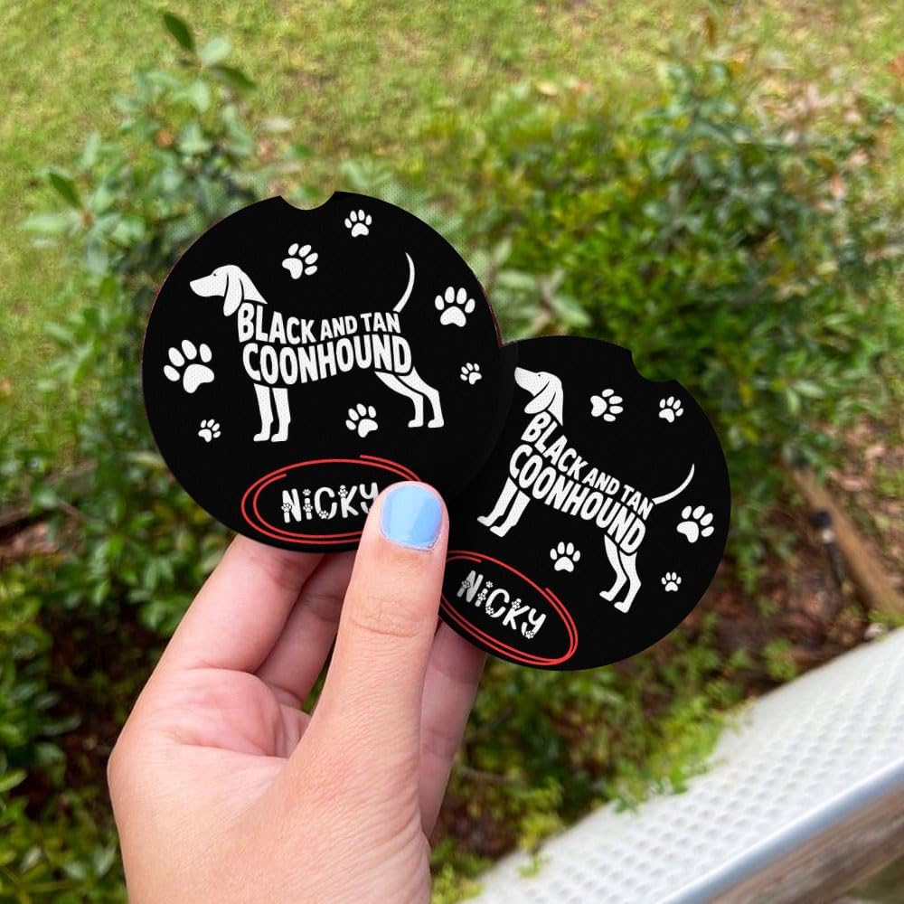 Black and Tan Coonhound Dog Paw Personalized Car Coasters Set for Pet Lovers Custom Name Options Universal Fit Polyester Coasters for All Vehicles Trucks SUVs Ideal Occasion Gift for Dog Owners image 3