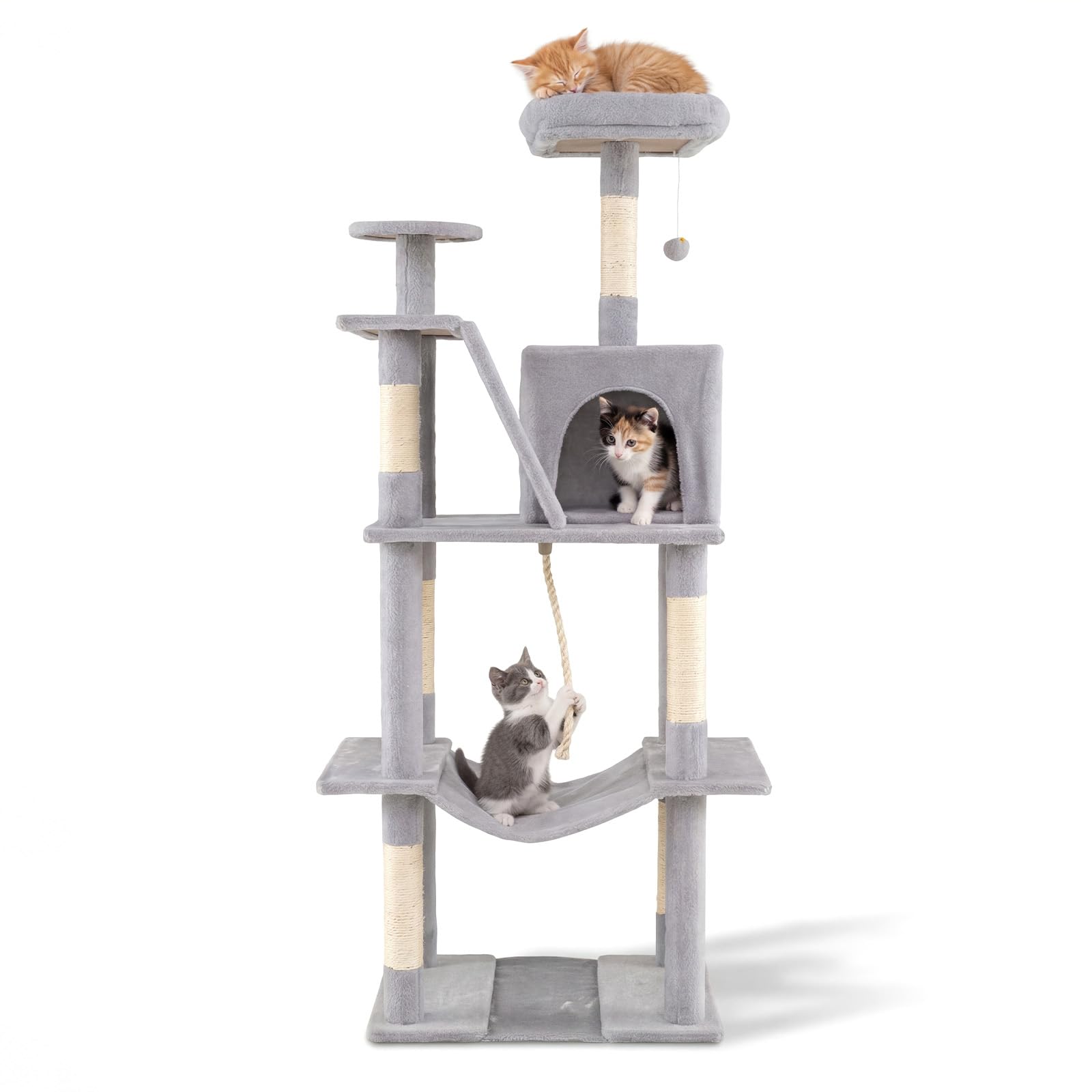 GOPLUS Árbol Rascador para Gatos de 6 Niveles, Rascador Alto para Gatos Adultos y Pequeños, con Percha, Cama, Hamaca, Posaderos, 5 Postes Rascadores, Cuerda para Rascar Uñas, Pelota (Gris Claro)