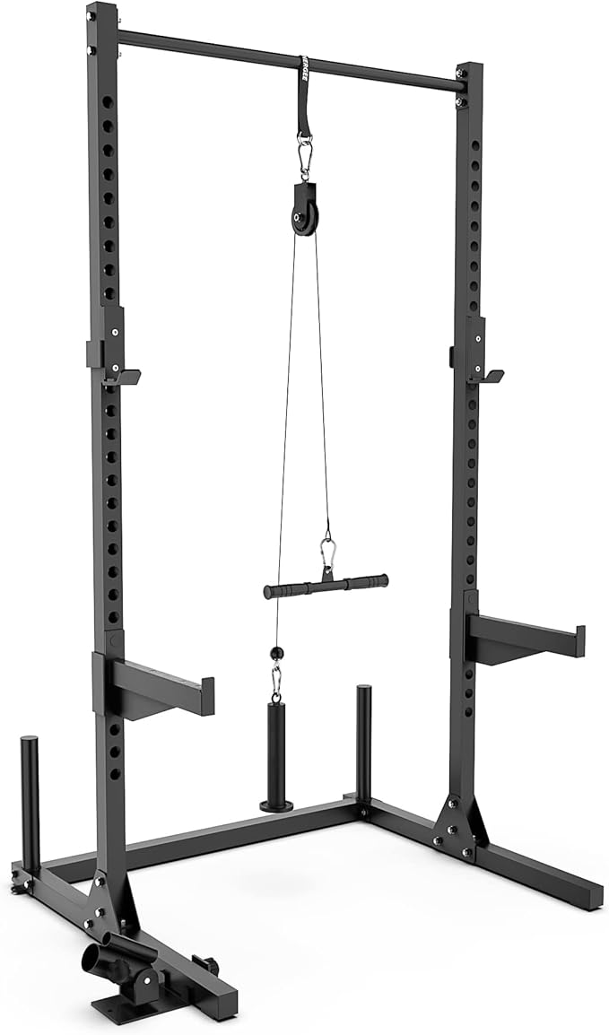 Synergee Squat Stand Rack with Pulley System. includes 12” Straight Bar, Pull Up Bar, JCups