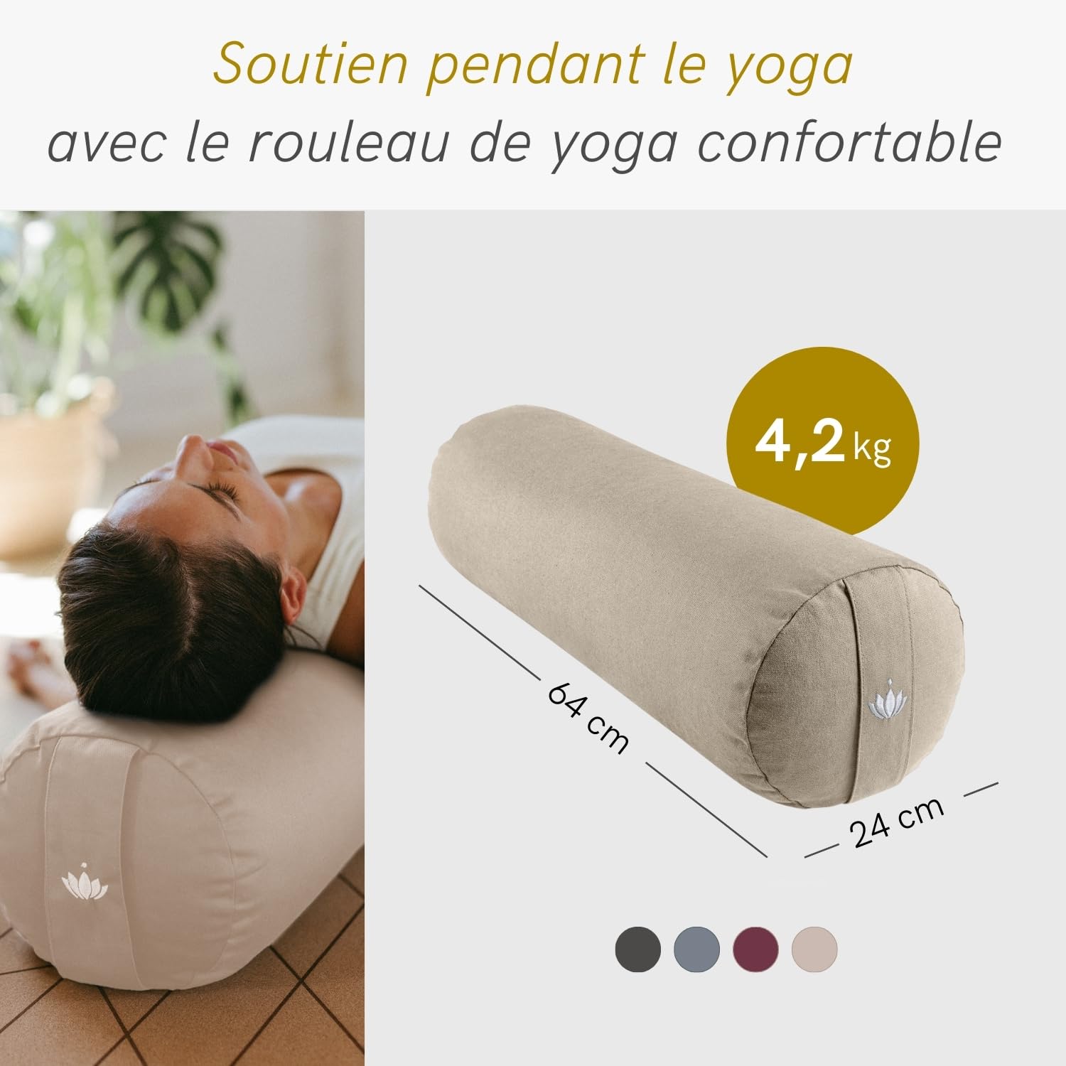 Lotuscrafts Rouleau de yoga pour Yin Yoga, certifié GOTS, rouleau de avec rembourrage en épeautre, housse en coton lavable, bolster, coussin yoga, pilates