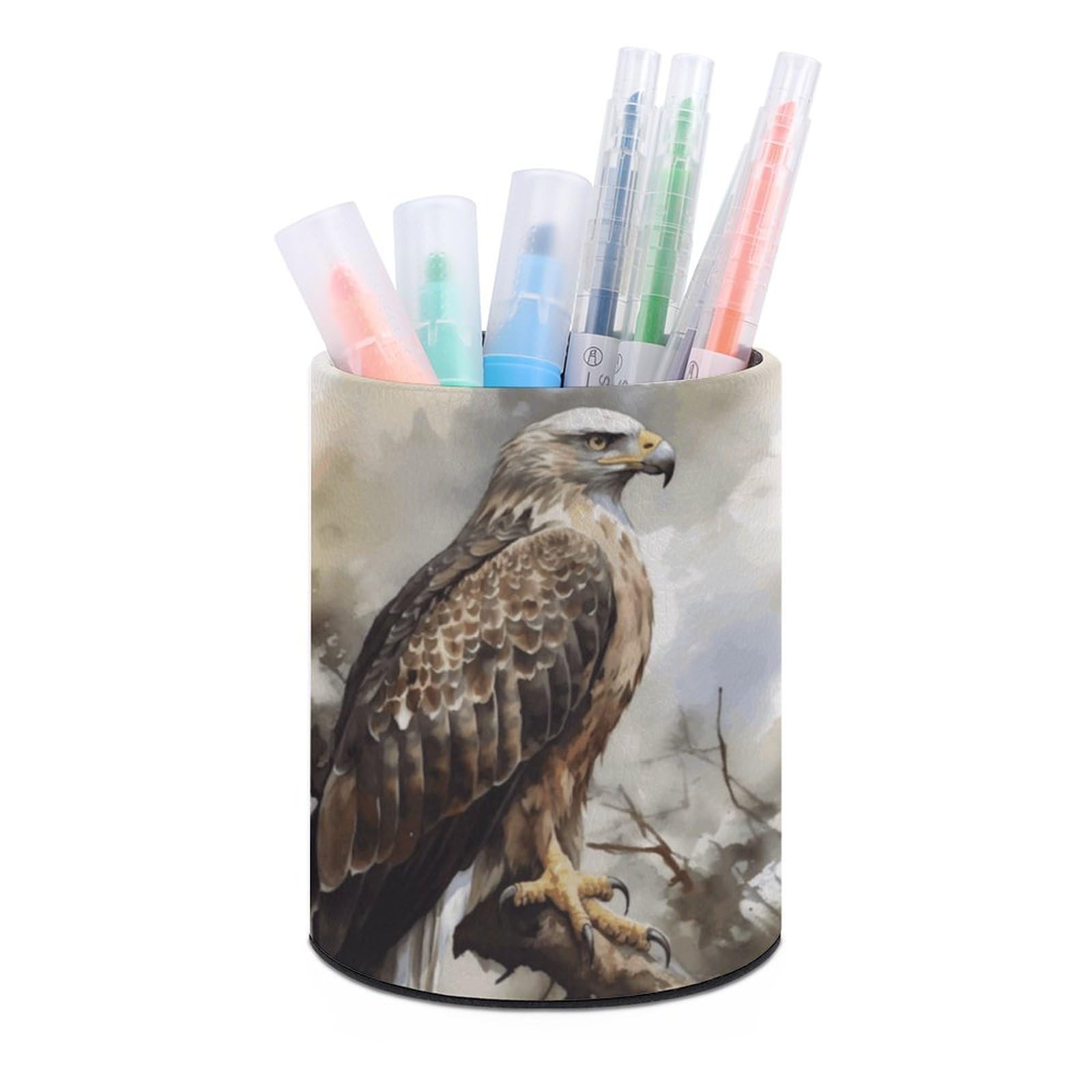 VstaDank Watercolor of Hawk Sitting in The Tree Pen Holder PU Leather Pencil Cup Minimalist Desk Pencil Holder Round Make Up Brush Organizers For Office Dorm Room&Vanity Desk Accessories