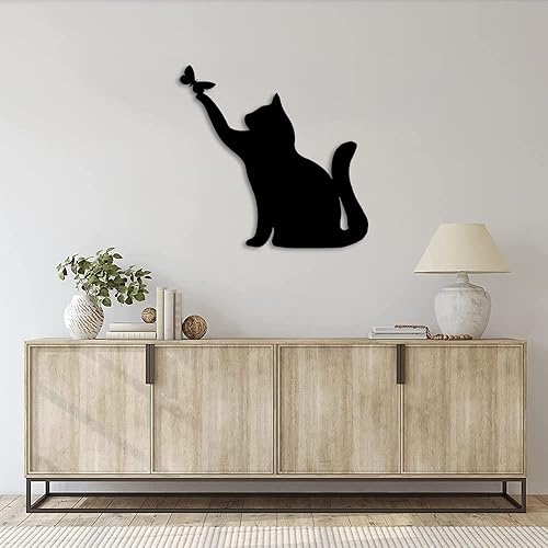 Miniatura 5 de JILIP Letrero de arte de silueta de gato de metal, escultura de pared colgante negra, placa de decoración de pared de animales de metal, decoración