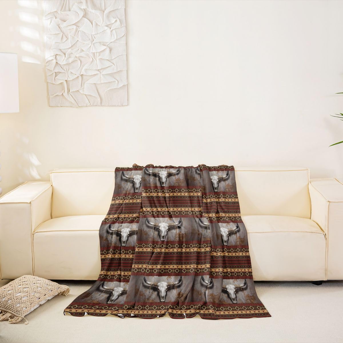 Homewish Zachodni aztecki pokrowiec na sofę, egzotyczny byk, czaszka, przyjazny dla zwierząt, ochraniacz na kanapę, południowo-zachodni boho, na sofę, rustykalny dom wiejski, ochraniacz na meble dla