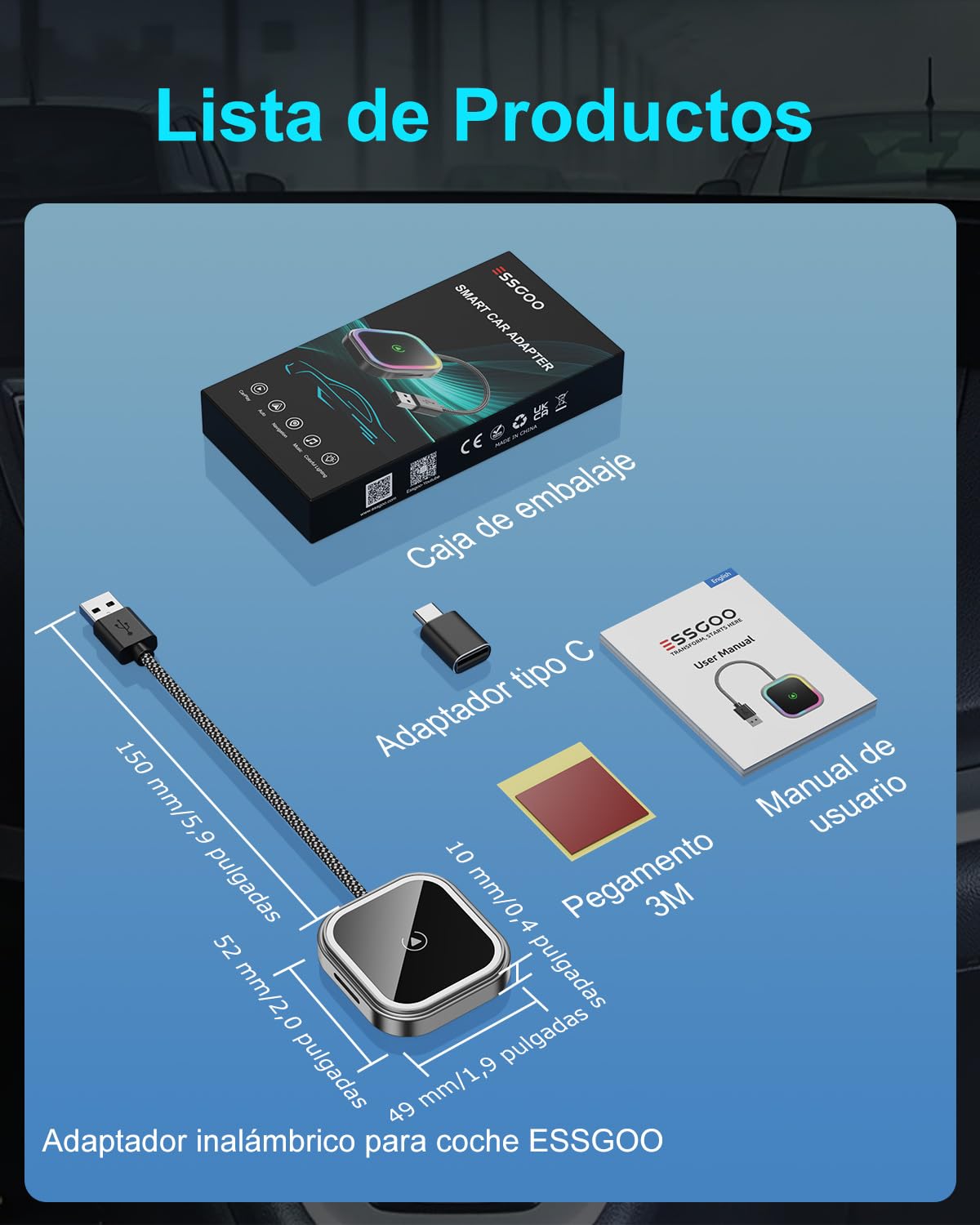 ESSGOO Mini Adaptador Inalámbrico para CarPlay/Android Auto, Adaptador 2 en 1 CarPlay Inalámbrico Bluetooth con Enchufe USB, Compatible con iOS 10+ y Android 11+, RGB con Control de Voz