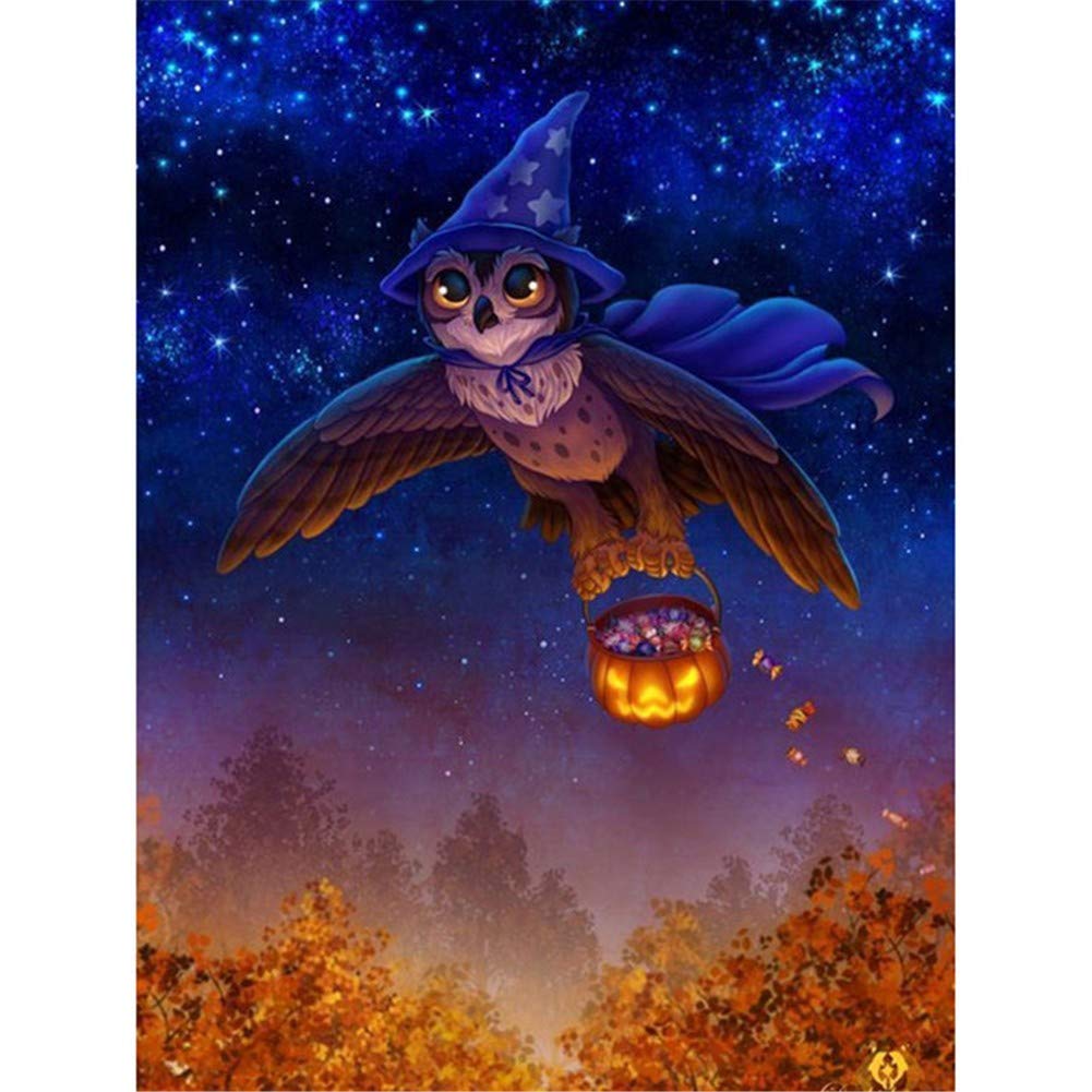 Diamant Peinture Complète Chouette d'Halloween 70x90cm en strass carrés pour décoration murale