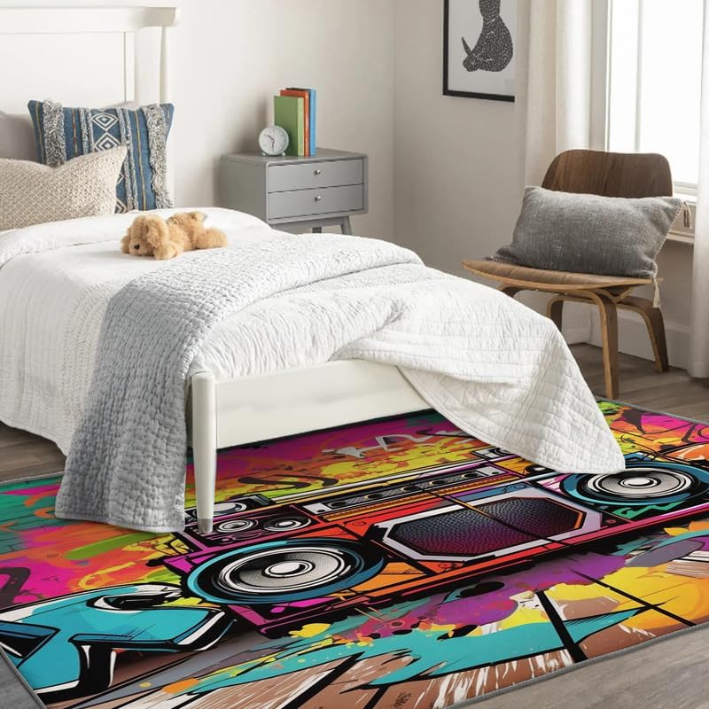 Miniatura 2 de Alfombras lavables para sala de estar, dormitorio, alfombra de graffiti musical y decoración del hogar, alfombra de área de hip hop de 3 x 4,