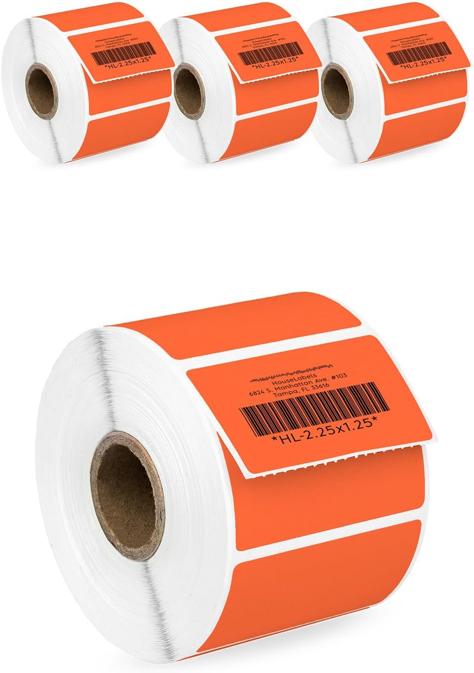HOUSELABELS 2.25" x 1.25" Orange Address Labels on 1" Core Compatible with Zebra and Rollo Printers, 4 Rolls / 1,000 Labels per Roll
