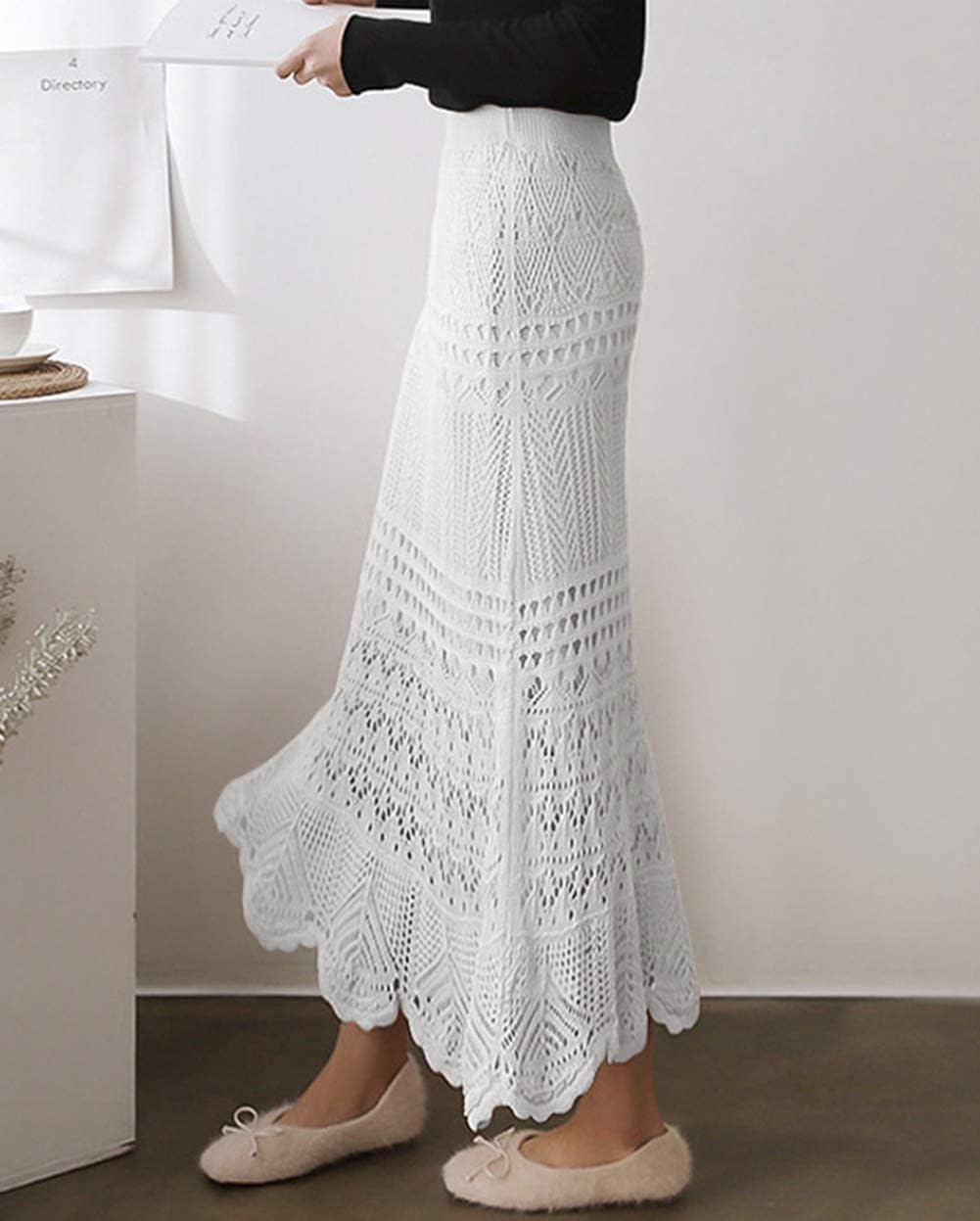 chouyatou Women's Stretched High Waist Crochet Hollow Out Knit Flowy Patterned Lace Maxi Skirt