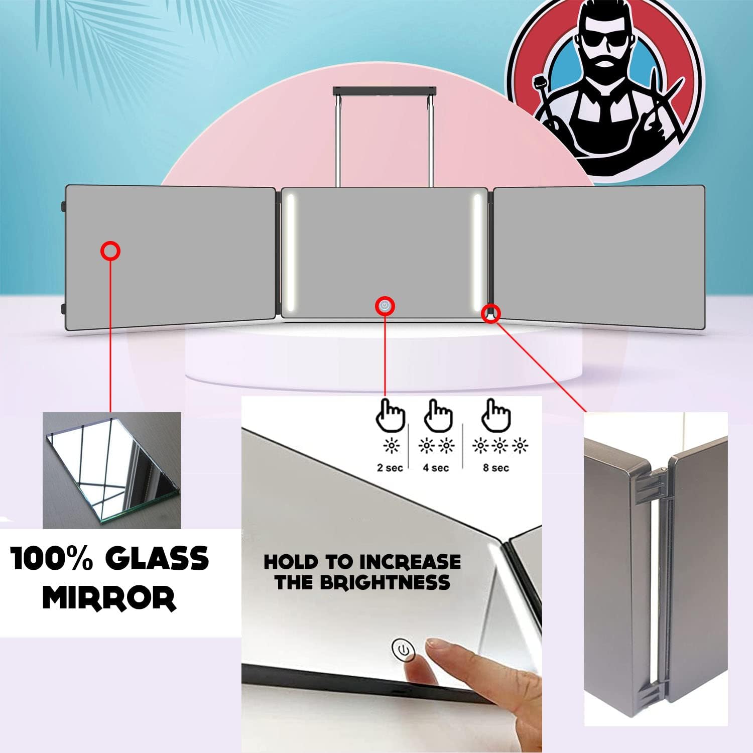 The 360 LED Mirror - Adjustable Telescoping Hooks, Perfect Self Haircut Mirror for Men - 3 Way Mirror for Hair Cutting - Mirror to Cut Your Own Hair (With LED Lights) : Industrial & Scientific