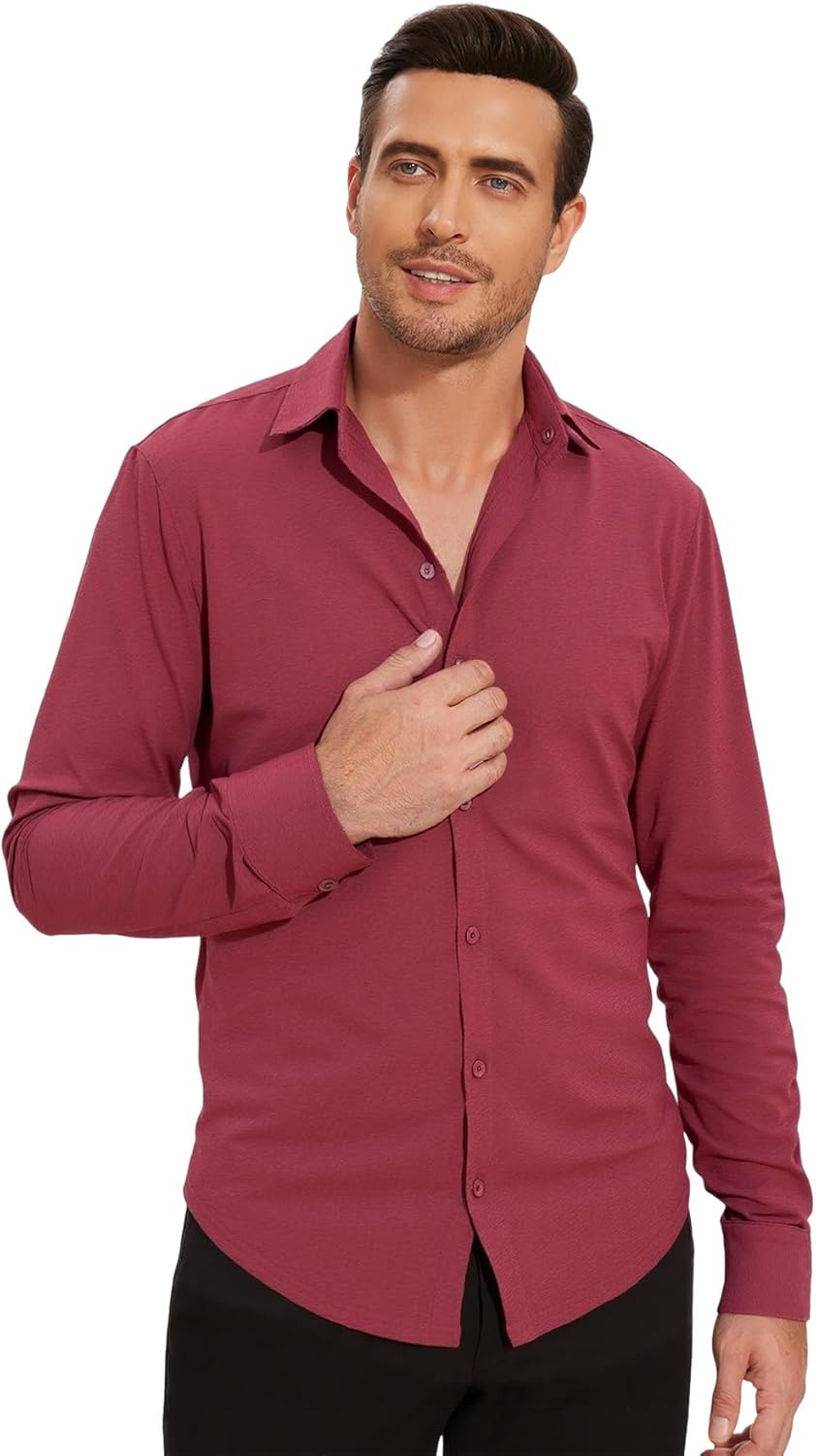 Men's Long Sleeve Button Down Shirts Wrinkle Free Business Untucked Stretch Dress Beach Casual Wedding Shirt - Image 3