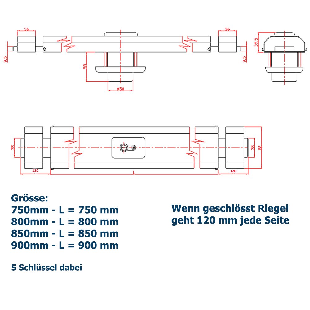 Ckey Panzerriegel Querriegel Panzerriegelschloss Türsicherheit Schließzylinder (Braun, 950 mm)