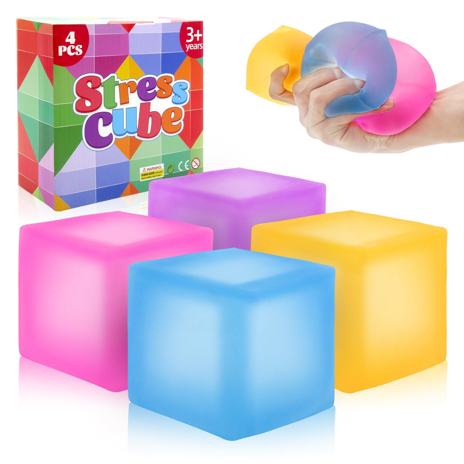 4 Pack Stress Cube Fidget Toys Large Size Squishy Stress Balls for Adults Kids, Sensory Calming Toys Slow Rising for Relaxation, Squishies Anxiety