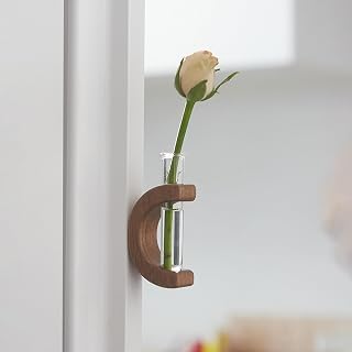 Magnetic Mini Glass Vase Refrigerator Magnets Sticker,Magnetic Wooden Test Tube Vase,C Shape Mini Bud Vase Wall Mount with Magnets for Home Kitchen Decor(Brown)