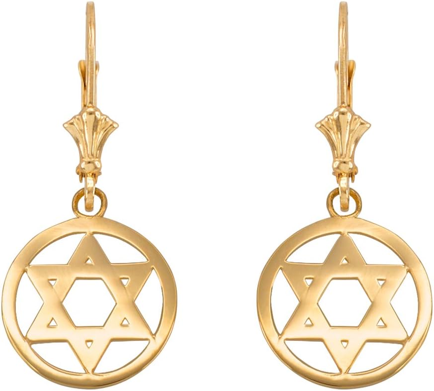 Jewish Star of David Round Leverback Earrings in 14k Yellow Gold