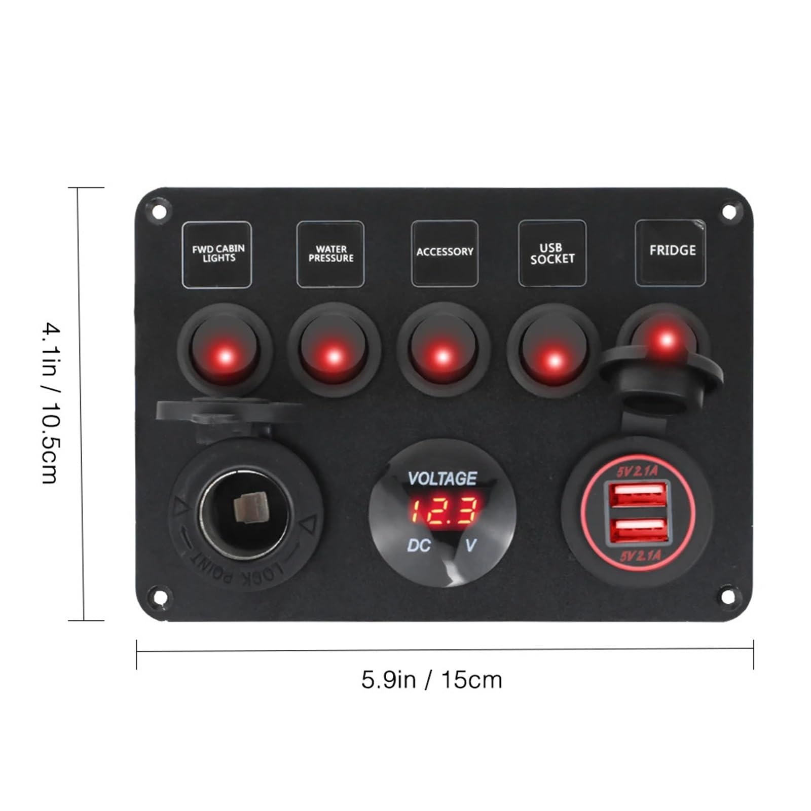 Panel przełączników łodzi samochodowych Wodoodporny cyfrowy woltomierz Podwójny port USB Gniazdo 12 V Kombinacja morskich diod LED Rocker 5 Gang(Green)