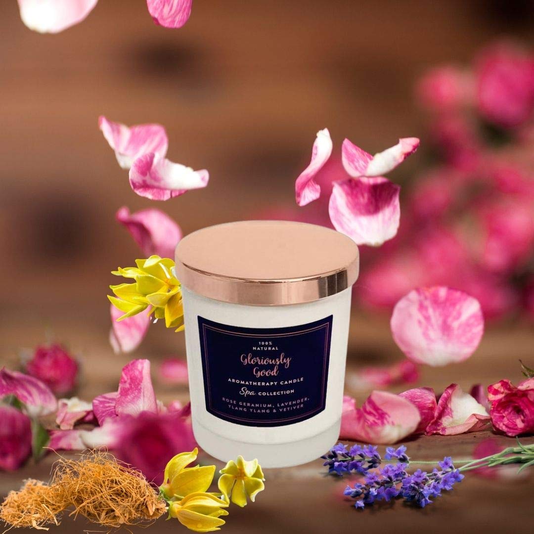 Gloriously Good Rose Geranium, Lavender, Ylang Ylang & Vetiver Aromatherapy Candle | 100% Natural | Scented With Only Essential Oils | 35-Hour Burn Time