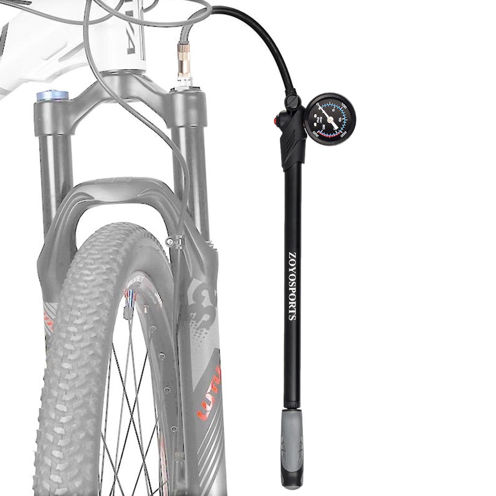 Fahrrad-Dämpferpumpe – 300 psi Hochdruck-Federungspumpe | Robuste Fahrradpumpe aus Aluminiumlegierung mit Manometer, drehbarem Schlauch und Entlüftungsfunktion | Universelles Werkzeug für Gabeln u