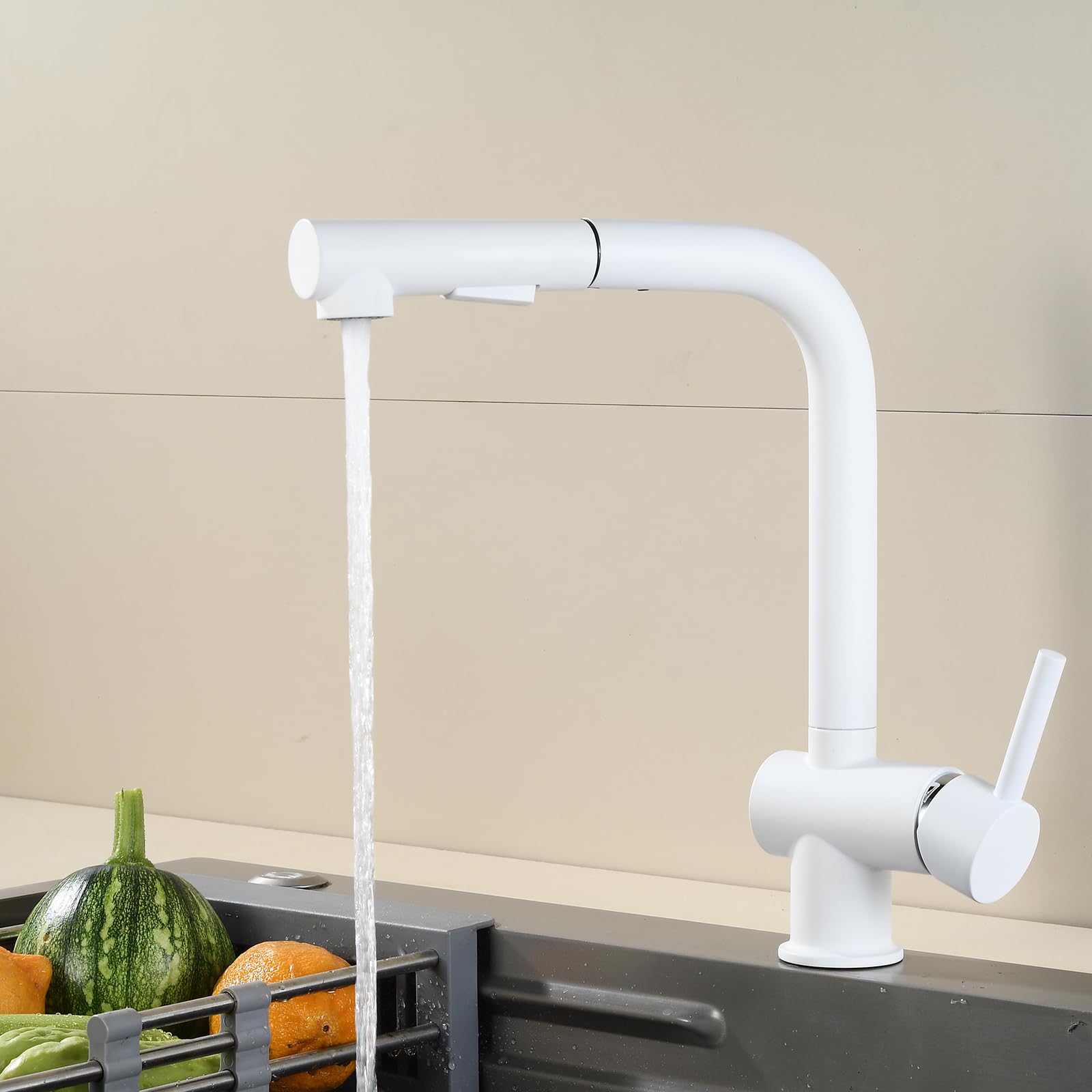 Miscelatore Cucina Estraibile Rubinetto Cucina con Doccetta Girevole a 360° Maniglia Singola Acqua Fredda e Calda 2 Modalità Rubinetto Lavello Cucina Estraibile-Bianco