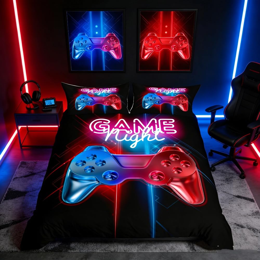 Loussiesd King Gamer Printed Comforter Cover Set Multi-color Gamepad Duvet Cover Video Game Controller Bedding Set for Kids Teens Boys,Luxury Room Decoration 3 Pcs Bedding Set with 2 Pillow Case
