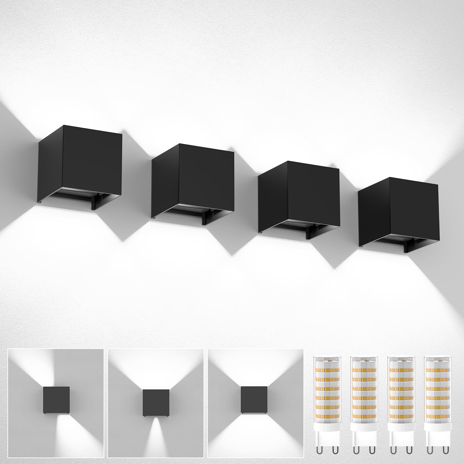 YrgePowk 4 Pezzi Applique da Parete con Lampadina Sostituibile G9 LED, Applique da Esterno IP65 Impermeabile Applique da Parete Interno 9W 6000K Bianco Freddo Angolo del Fascio Regolabile (Nero)