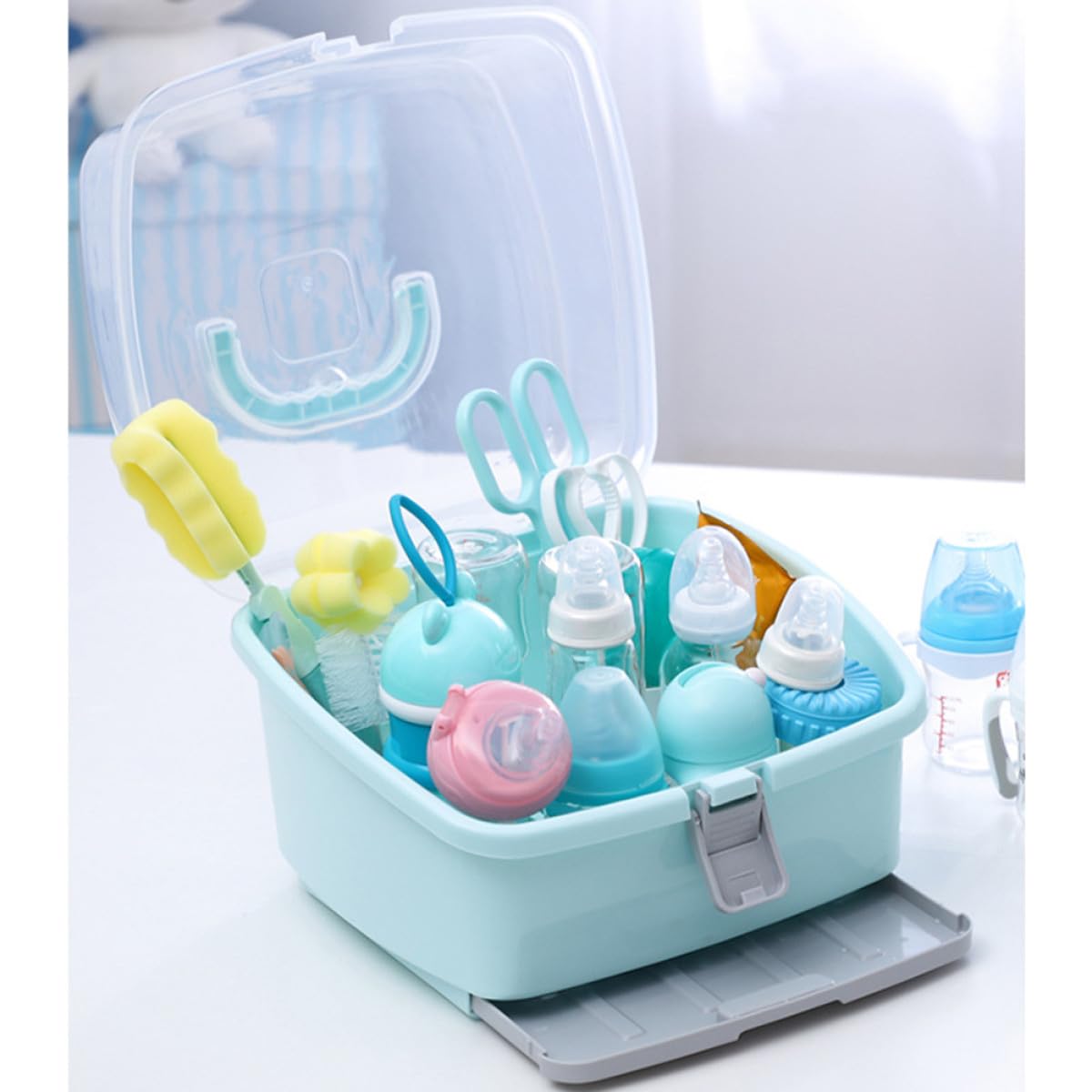 Aufbewahrungsbox für Babyflaschen aus Kunststoff, Grün, Tragbar | Schnuller und Babyflasche, Leicht zu Reinigen, für Zuhause und Unterwegs