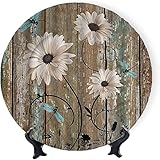 ASDWX Rustic Wooden Daisy Flower Decorative plates for table, 8'', Dragonfly Floral Old Garage Door...