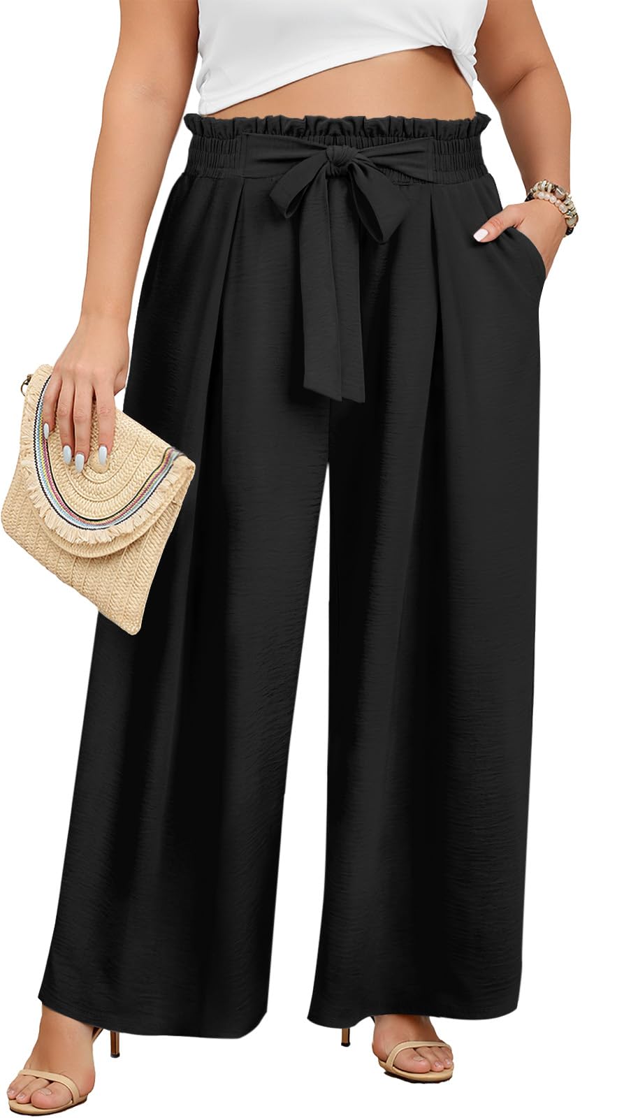 Lastshe Womens Plus Size Pants Wide Leg Work Casual Palazzo Pants Elastic High Waisted Dressy Trousers with Pockets