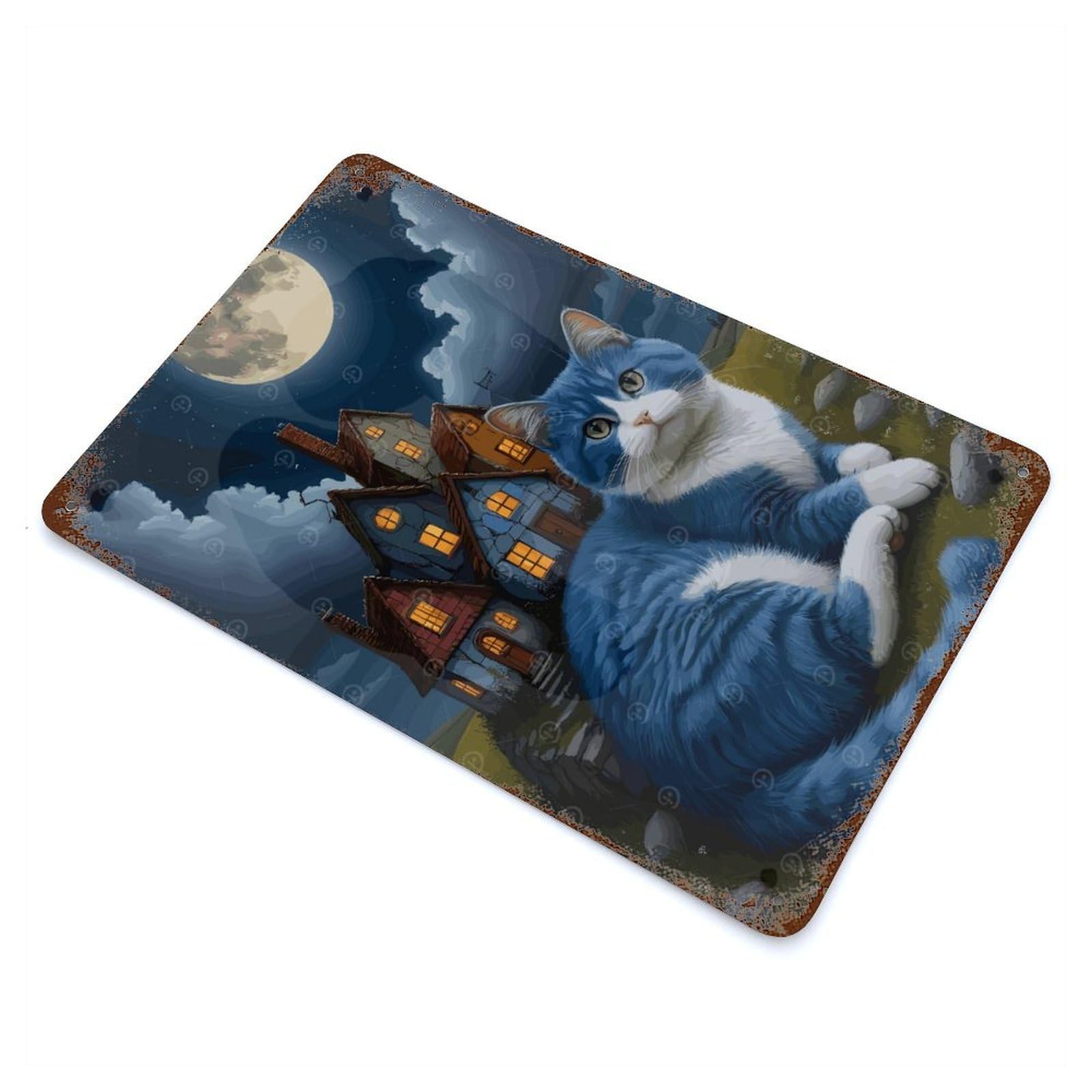 Decorative Tin Sign with Blue Cat And Whimsical Houses Design 11.8"x7.9", for Garage, Bar And Workshop Decor, Farmhouse Wall Decor