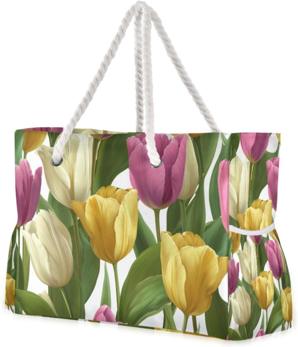 OTVEE Colorful Tulip with Leaves Patterns Beach Bags for Women Ladies Large Canvas Tote Shoulder Bag Waterproof Travel Bags for Gym Swim Pool Camping