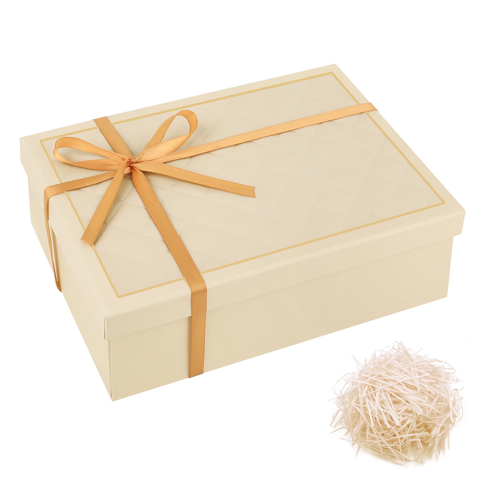 Gift Box, Beige Gift Box with Lid 25x18.5x8.8cm with Lids & Ribbon Gift Boxes, Foldable Present Container with Card for Christmas Valentine's Day Birthdays