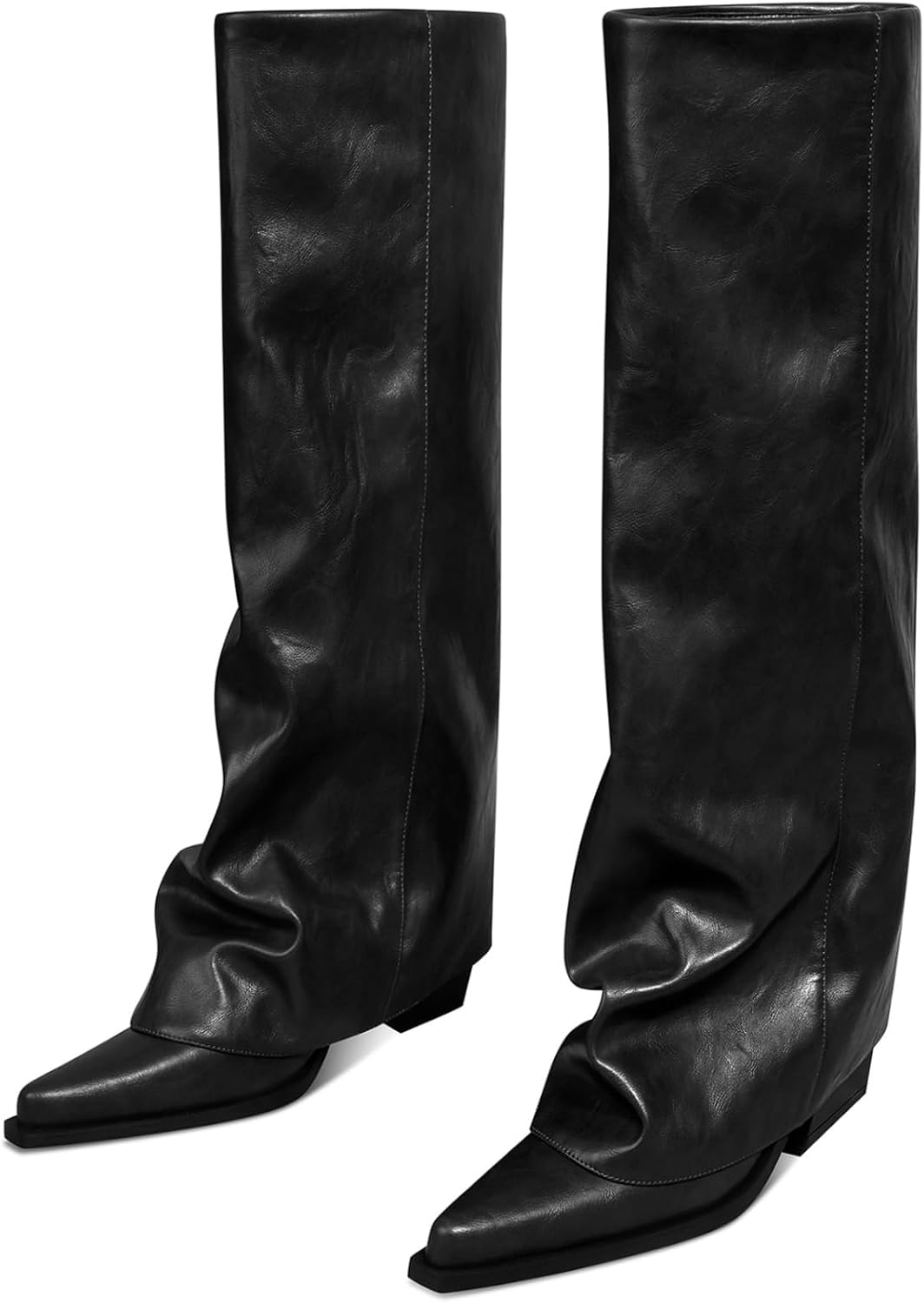 zhsrin Women's Fold Over Knee High Boots Wide Calf Chunky Heel Long Boots Women Pointed Toe Dress Tall Boots for Women Slouchy Shark Boots