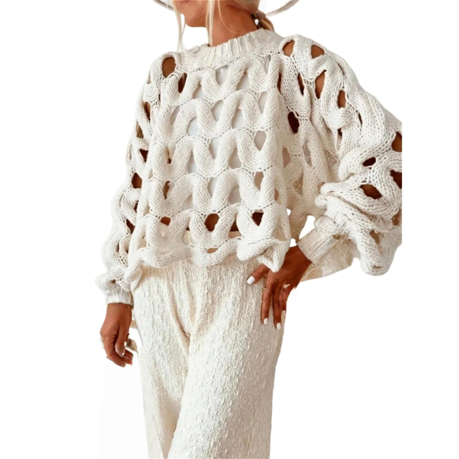 Maglia da Donna a Maniche Lunghe con Scollo Rotondo, Lavorazione Traforata e Inserti in Rete Trasparente, Ideale per Il Tempo Libero in Spiaggia o in Vacanza.