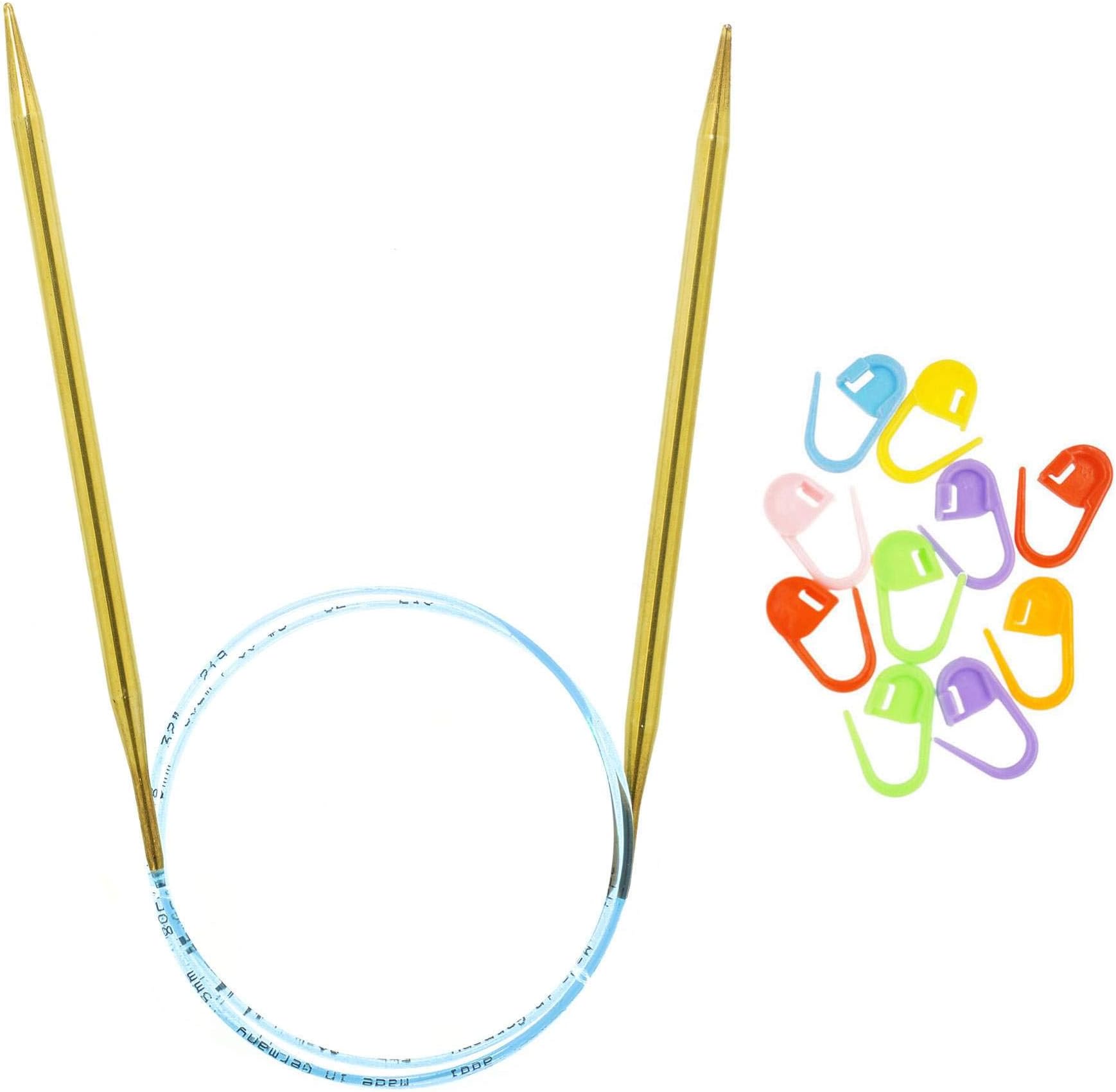 addi Knitting Needles Circular Lace Brass Blue Cord 16 inch (40cm) US 03 (3.25mm) Bundle with 10 Artsiga Crafts Stitch Markers