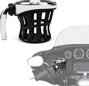 PSLER Motorcycle Drink Cup Holder Handlebar Mount Universal for Dyna Fat Bob Touring Road Glide Street Electra Glide Softail 1996-up Goldwing GL1800 2018-up Chrome, 85mm