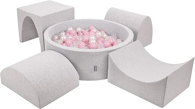 KiddyMoon Foam Playground For Kids With Round Ballpit (200 Balls) Obstacle Course, Lightgrey:Powderpink/Pearl/Transparent
