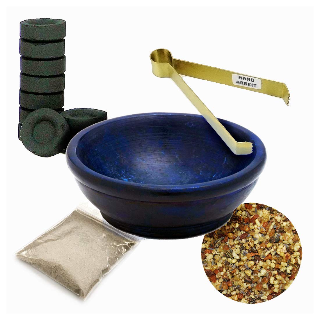 NKlaus Cuenco de Incienso de Esteatita Natural Azul Ø7,5cm Set de Incienso 5pzas Incienso Gloria 40609