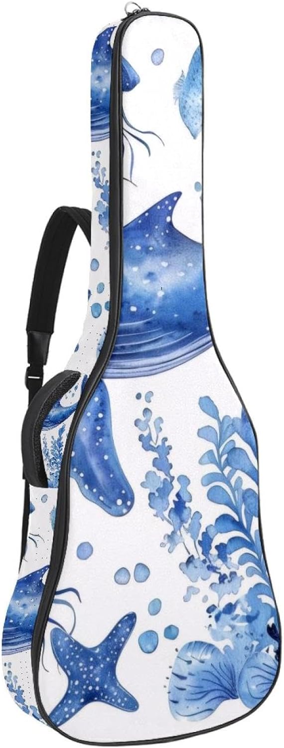 Acoustic Guitar Bag, 40 41 42 Inch Guitar Case Cover Soft Guitar Gig Bag for Acoustic Electric Bass Classical Guitar, Blue Watercolor Sea Fish Whale and Coral