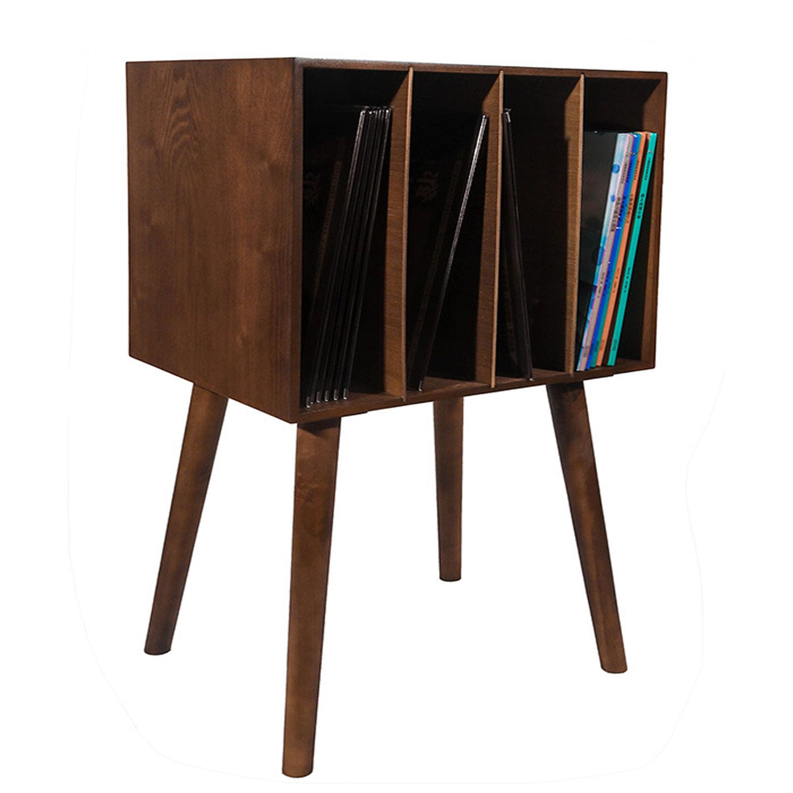 Supporto per giradischi in legno, tavolo per giradischi in vinile con 4 armadietti per contenere 100 album, supporto girevole metà secolo con gambe in legno, mensola per esporre dischi per camera da
