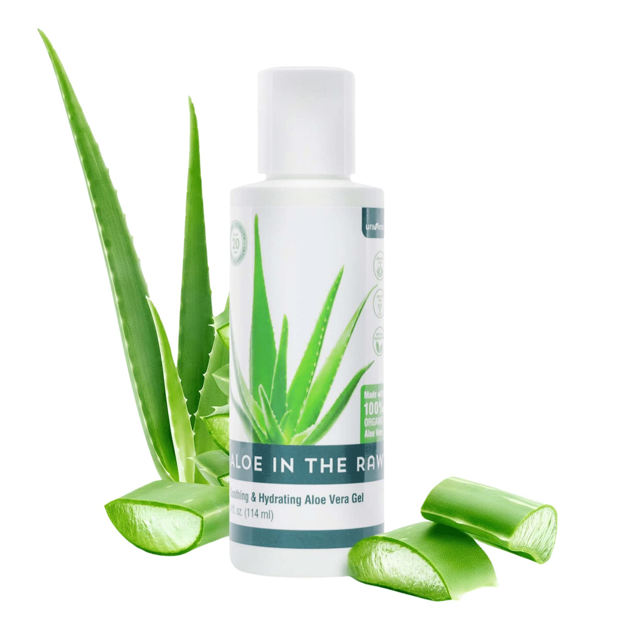 Univera Organic Aloe Vera Gel, freshly cut - 4 oz, travel size - No coloring, Sunburn Relief, Cools skin after sun, Moisturizer