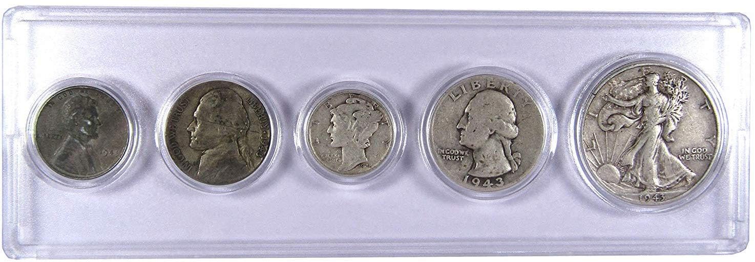 1943 Year Set 5 Coins in Circulated or Better Condition Collectible Gift Set