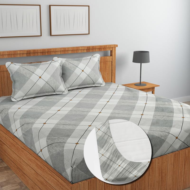 Image of NHD HOME Pure Cotton Full Elastic Fitted Bedsheets for Double King Size Bed with 2 Pillow Covers 220 TC Supersoft |Wrinkel Free Bed Cover Size - 72x78+10 inches, White & Grey