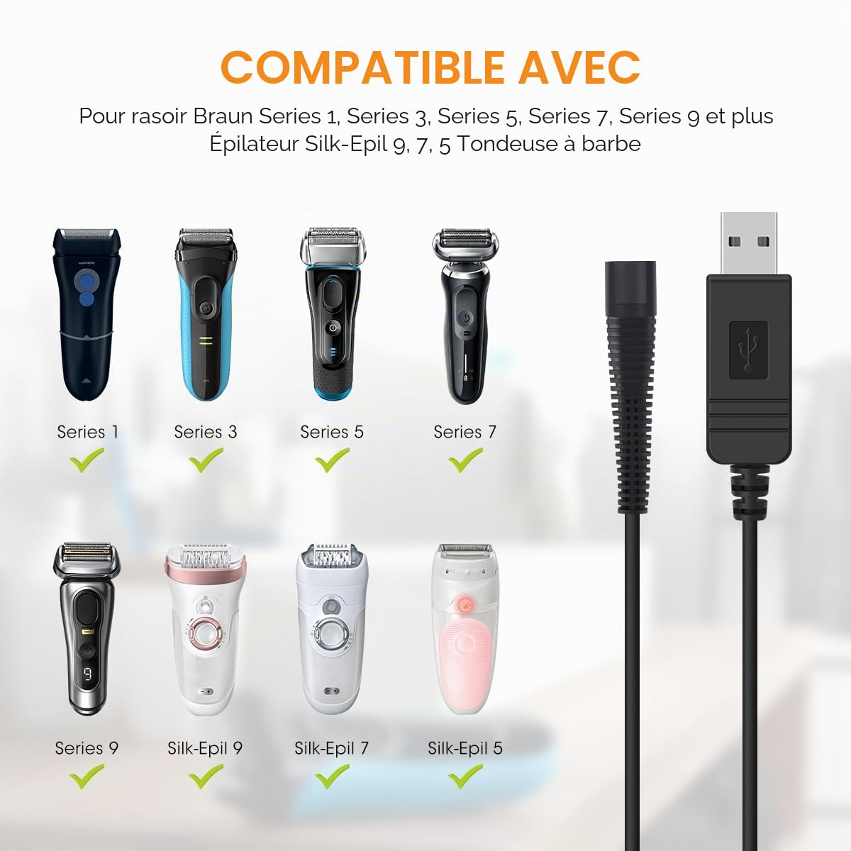 AIEVE Chargeur pour rasoir Braun, câble d'alimentation USB 12 V pour tondeuse Braun série 3, série 7, série 9, série 1, 3020S, 3080S, 760CC, 790CC, 340s, 190s, 5190cc, 5210, 9095cc