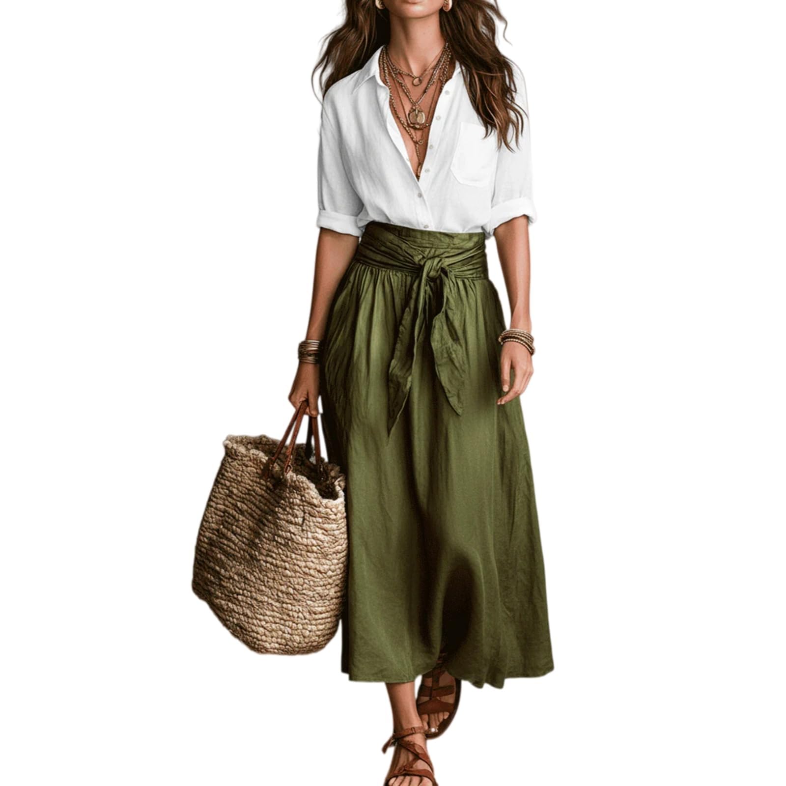 Générique Damski 2-częściowy zestaw spódnic i topów - letni styl boho, bluzka z dekoltem w serek i satynowa spódnica midi z paskiem - elegancka, swobodna, idealna do biura lub na wyjścia