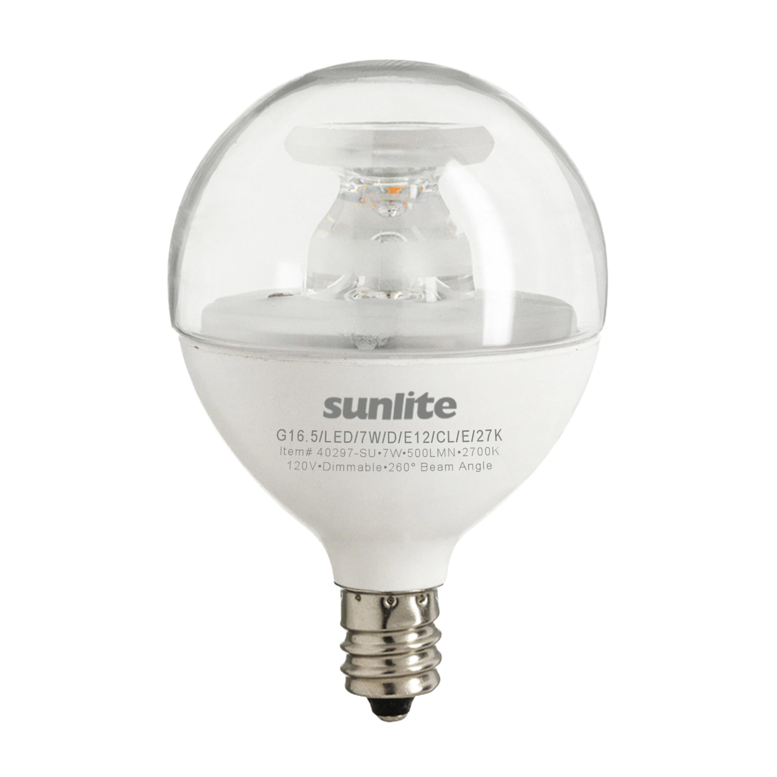 Sunlite G16.5 Light Bulb LED, 7 Watts (60W Equiv.), 500 Lumens, Dimmable, Type G Globe Shape E12 Candelabra Base, Short Bulbs, Vanity Mirror Bulbs,