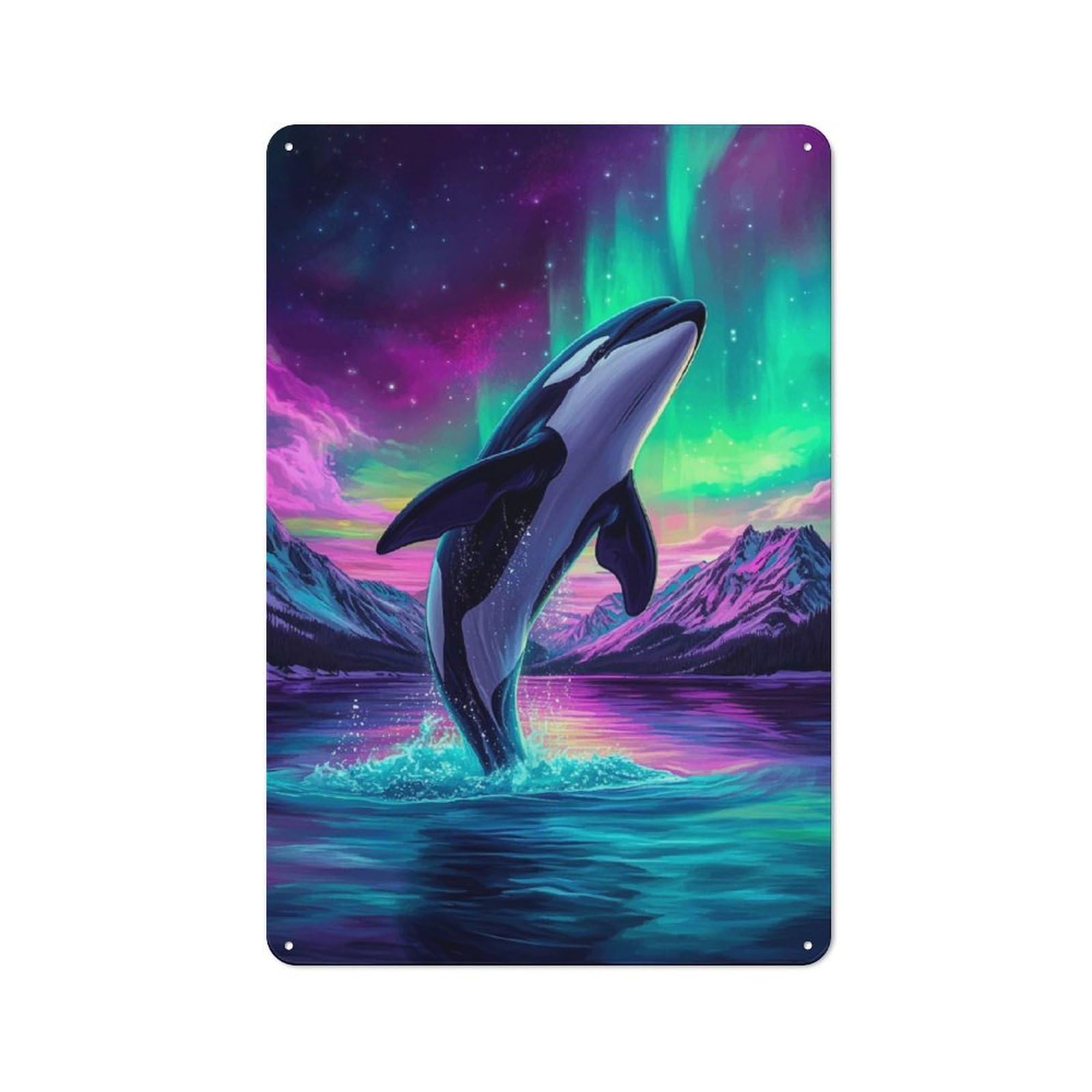 Orca Under Aurora Borealis Vintage Metal Sign 30x20cm, Bistro Style Bistro Wall Plaque for Cafe, Bistro, Bakery Or Restaurant