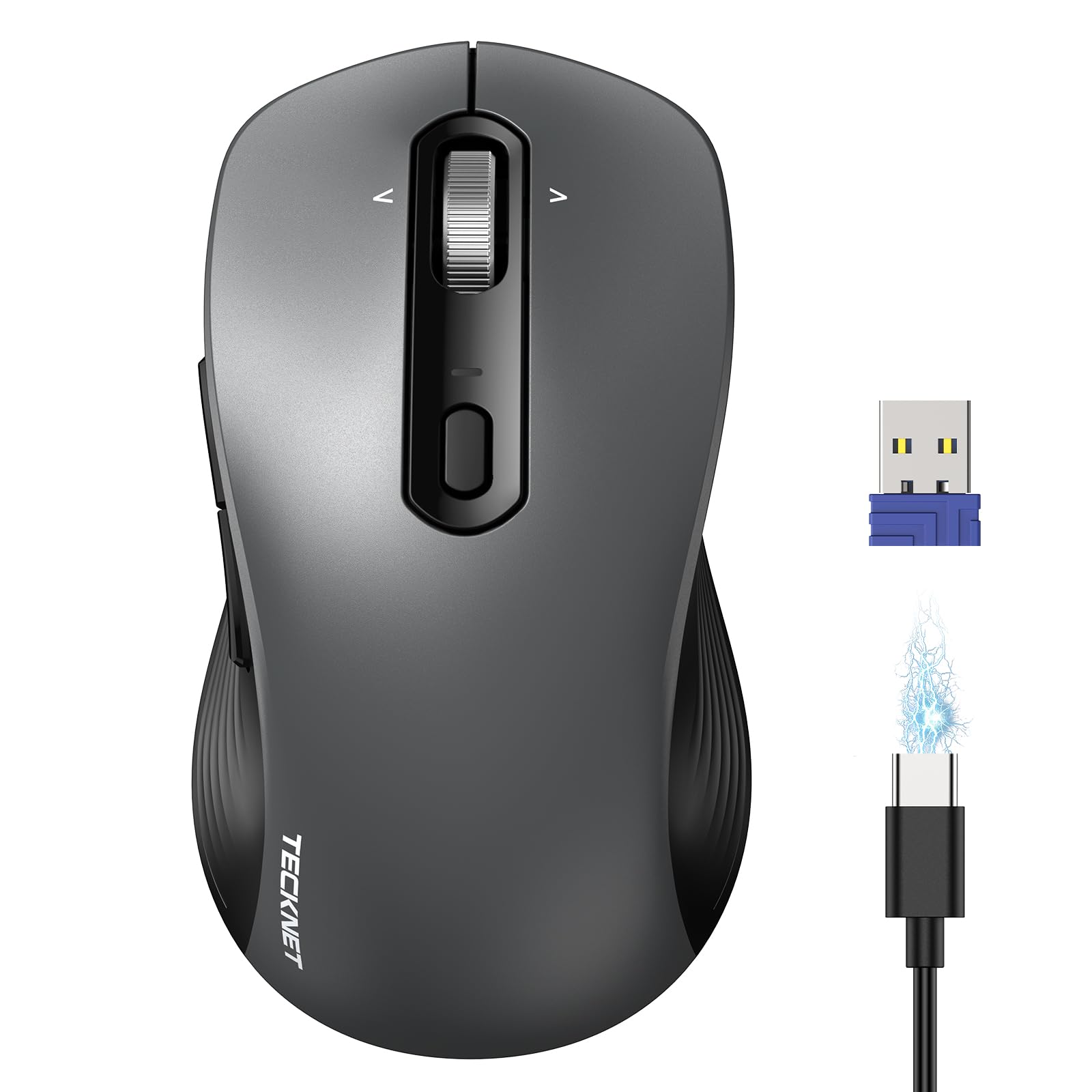 TECKNET Rechargeable Bluetooth Mouse, [ USB + BT5.0 + BT3.0 ] Wireless Mouse, Ergonomic 4-Way Scroll Wheel Computer Mice, 6-Level 4800 DPI Silent Mice, Multi-Device for Computer/Laptop/MacBook (Grey)-image-49