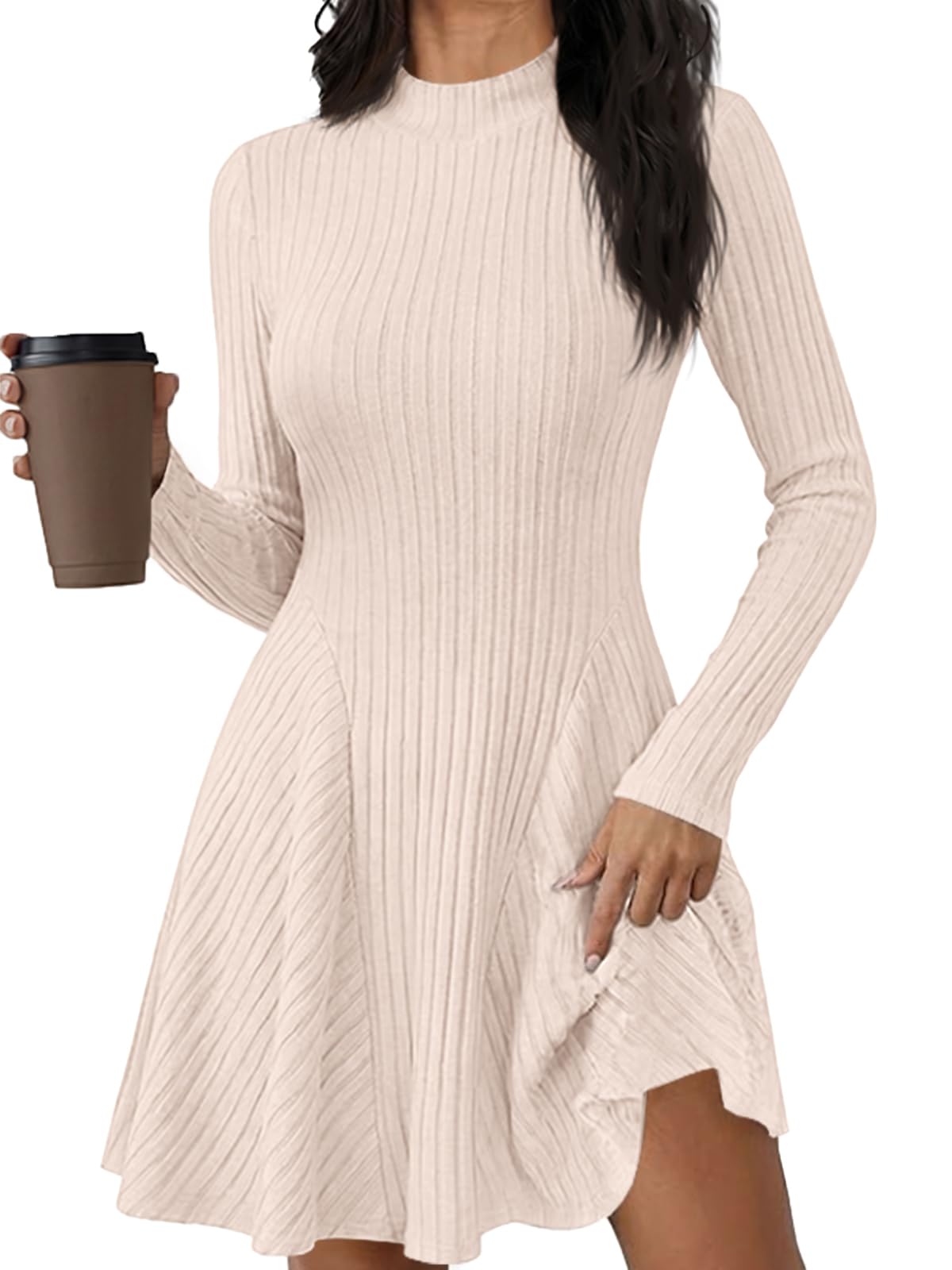 Saodimallsu Damen Strickkleid Halbhals Geripptes Pulloverkleid | A-Linie Herbstkleid,Strickpullover Kleid,Winterkleid,Elegant