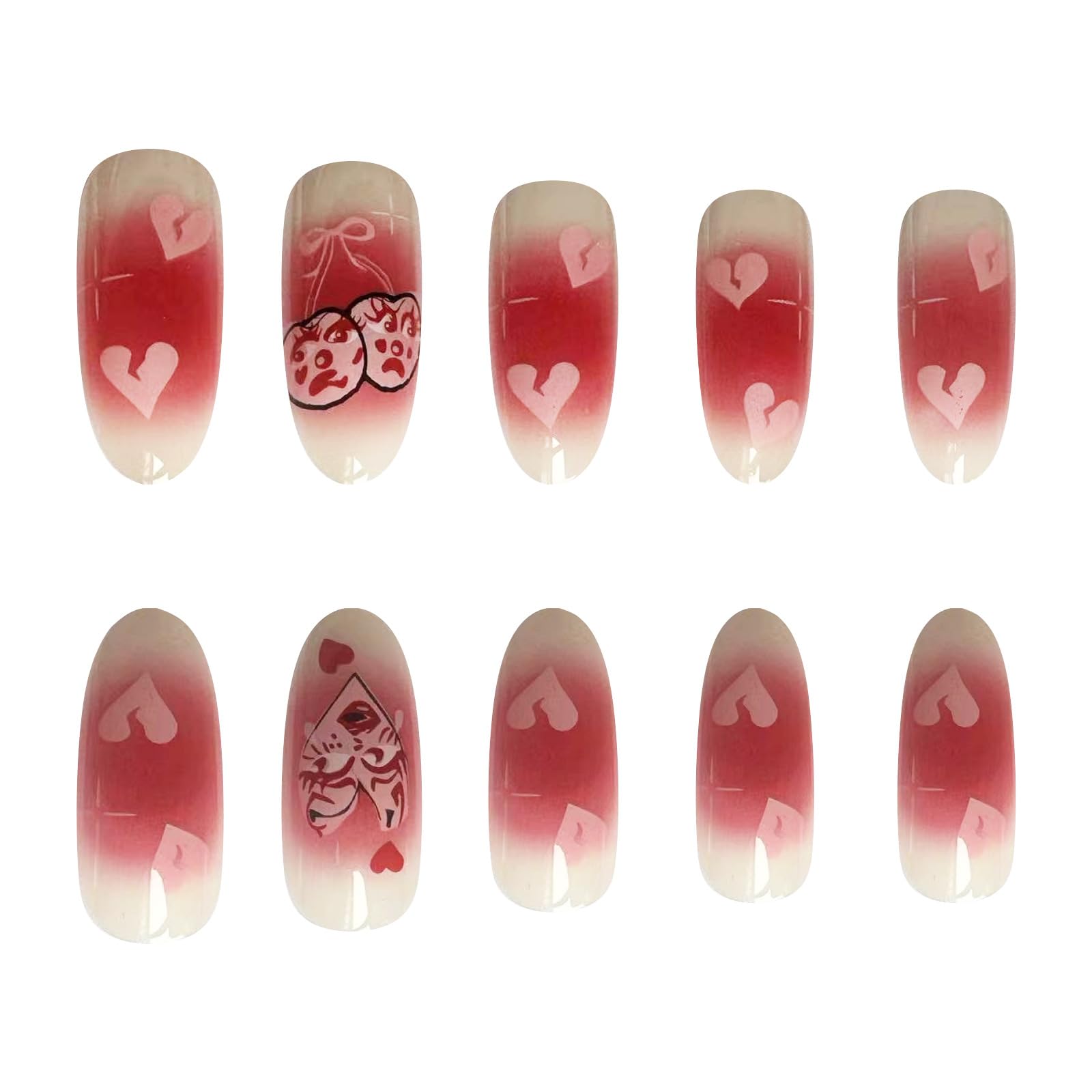 Pikabows Press On Nails Long Almond Pink Cherry Gradient Heart Valentine Fake Nails Acrylic False Nail Tips Kit Glue on Nails for Women