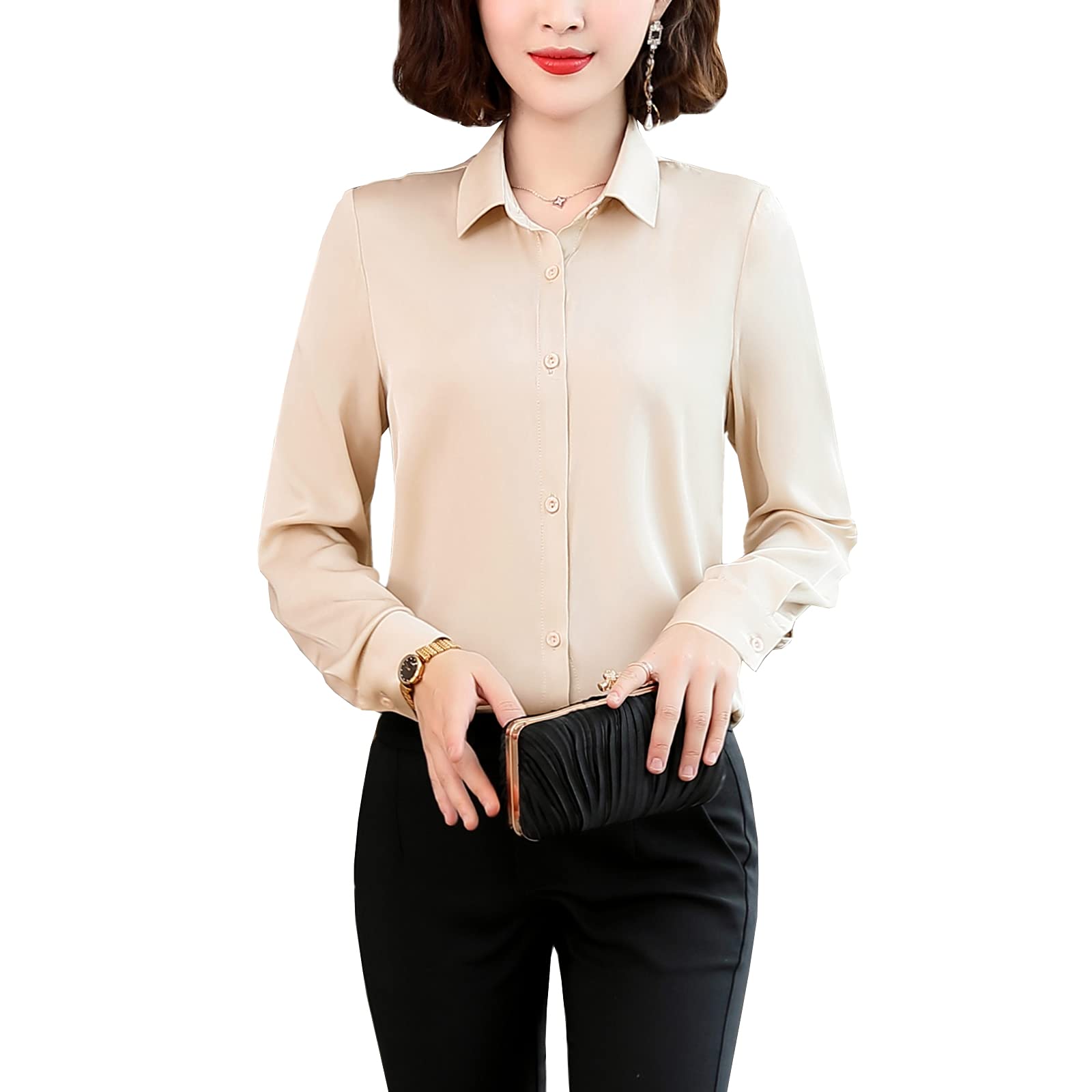 Valin Blusa de seda para mujer, camisa de seda sólida, camisa de mujer, blusa de manga larga con solapa, blusa de seda, S1903